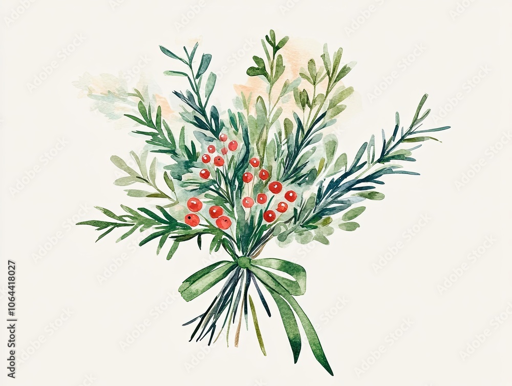 cheerful watercolor style holiday bouquet featuring green foliage and red berries, beautifully tied with ribbon. Perfect for festive decorations and celebrations cheerful watercolor style holiday bouquet featuring green foliage and red berries, beautifully tied with ribbon. Perfect for festive decorations and celebrations