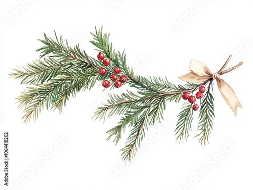 cozy watercolor style Christmas greenery swag featuring pine branches and red berries, tied with delicate bow, perfect for festive decor