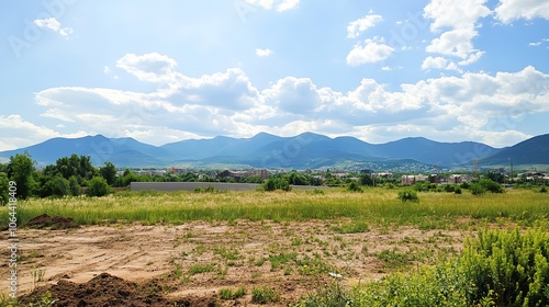 Land plots available for house construction, featuring a stand with distant views of mountains and the city, offering a perfect location for residential development surrounded by natural beauty.