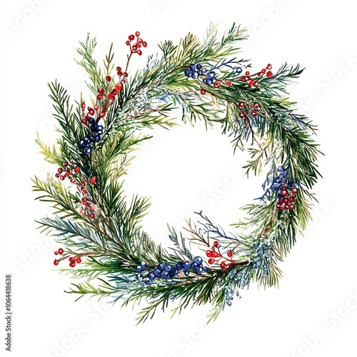 beautiful watercolor style winter greenery wreath featuring pine, berries, and foliage, perfect for seasonal decor and festive celebrations photo