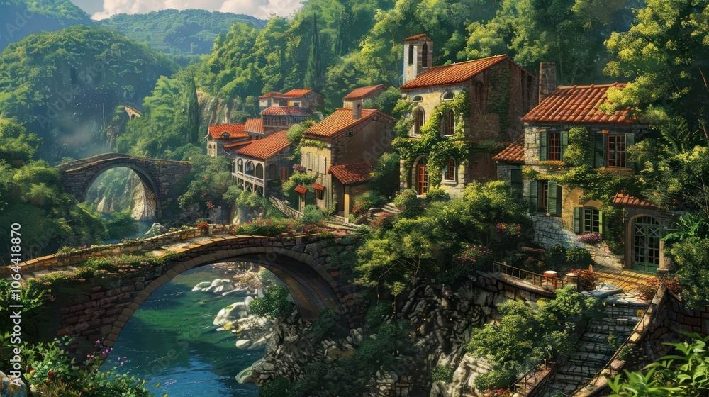 Fototapeta premium a village under cliffs and hills with waterfalls and rivers