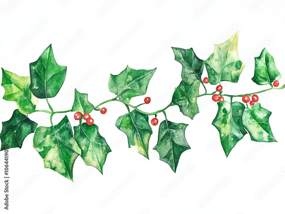 Fototapeta premium vibrant watercolor style illustration of Christmas ivy with red berries, showcasing lush green leaves and festive feel. Perfect for holiday decor and seasonal designs