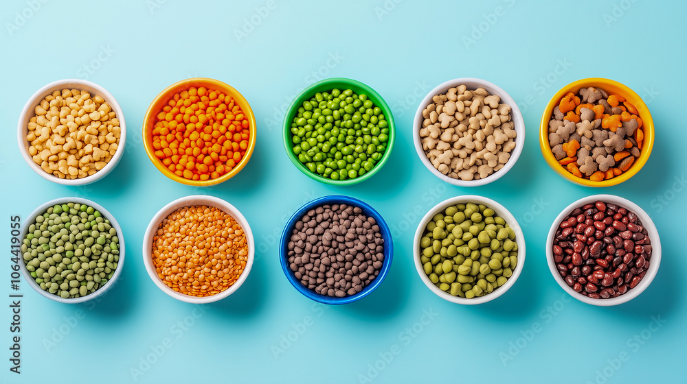 Collection of colorful pet bowls filled with different nutritious food varieties, Diverse diets, Pet meal variety Collection of colorful pet bowls filled with different nutritious food varieties, Diverse diets, Pet meal variety