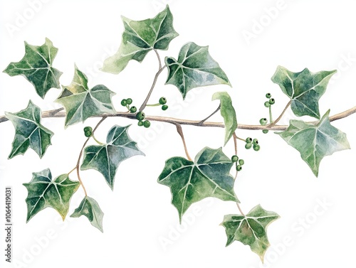 detailed watercolor illustration of Christmas ivy with vibrant green leaves and berries, perfect for festive decorations and seasonal designs