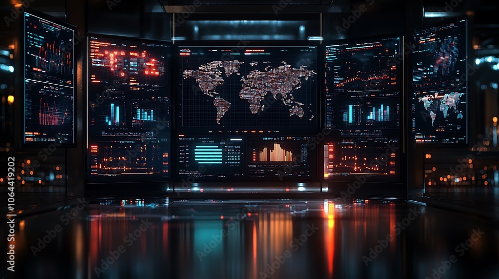 Futuristic control room with multiple monitors displaying data and a world map. Futuristic control room with multiple monitors displaying data and a world map.