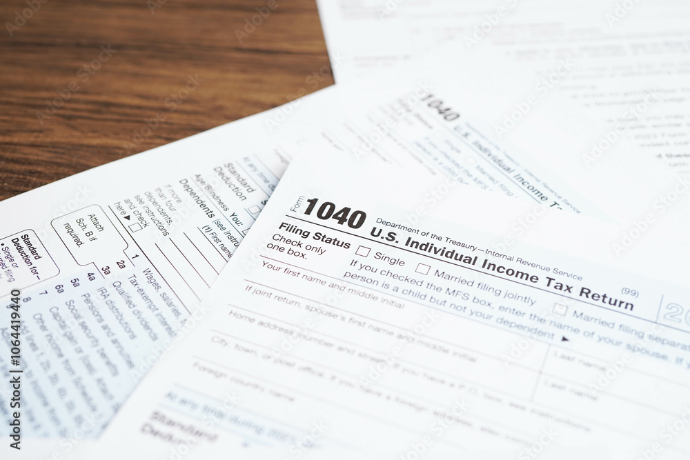 Tax form 1040 U.S. Individual Income Tax Return, business finance. Tax form 1040 U.S. Individual Income Tax Return, business finance.