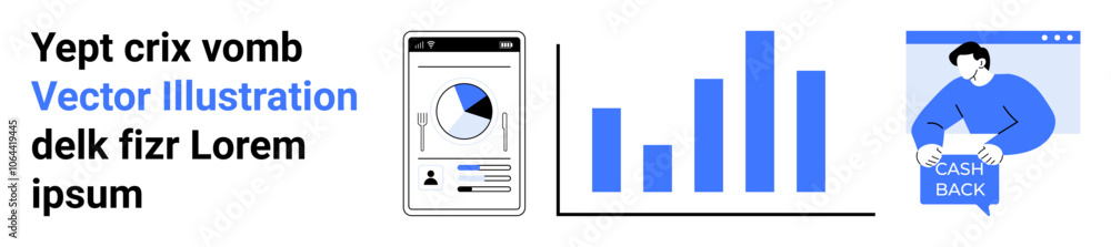 Smartphone screen with analytics, bar chart, person holding cashback sign. Ideal for business presentations, marketing materials, data analysis, financial reports, mobile apps, web design Smartphone screen with analytics, bar chart, person holding cashback sign. Ideal for business presentations, marketing materials, data analysis, financial reports, mobile apps, web design