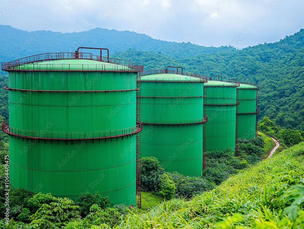 Four large green storage tanks are set against a lush, mountainous backdrop, showcasing industrial infrastructure amidst natural beauty. Four large green storage tanks are set against a lush, mountainous backdrop, showcasing industrial infrastructure amidst natural beauty.