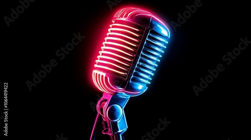 Retro microphone with neon lights on a black background.