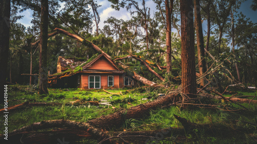 A cabin in a forest severely damaged by fallen trees after a storm, with debris scattered around.