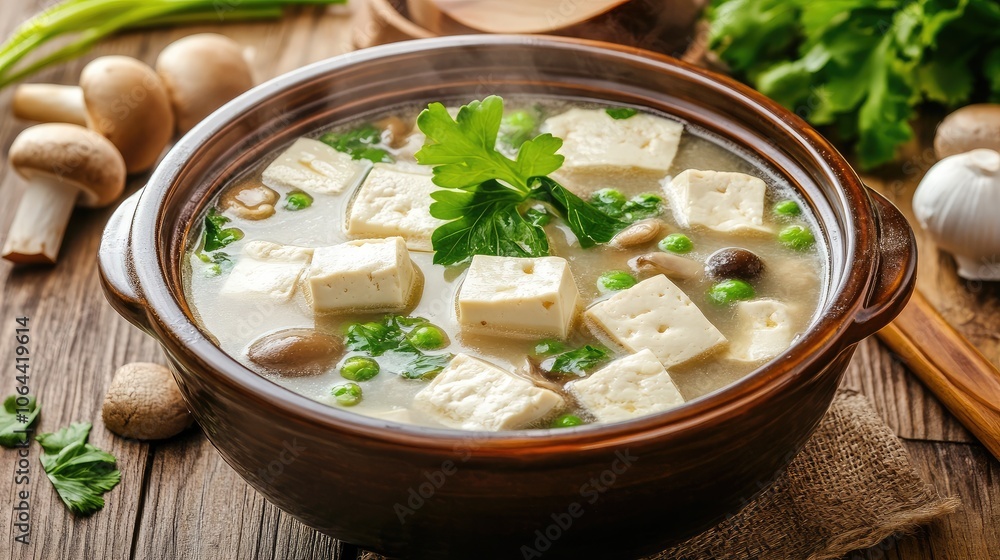 Delicious tofu soup with fresh vegetables and herbs Delicious tofu soup with fresh vegetables and herbs