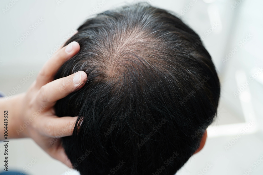 Fototapeta premium Bald head in man, hair loss treatment health problem.