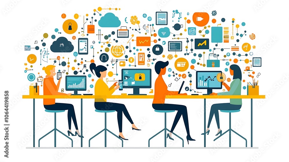 A team of diverse businesspeople working at computers and using mobile devices with a cloud of technology icons above them. A team of diverse businesspeople working at computers and using mobile devices with a cloud of technology icons above them.