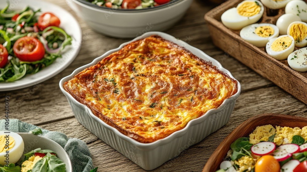 Delicious Baked Egg Dish with Fresh Salads Delicious Baked Egg Dish with Fresh Salads