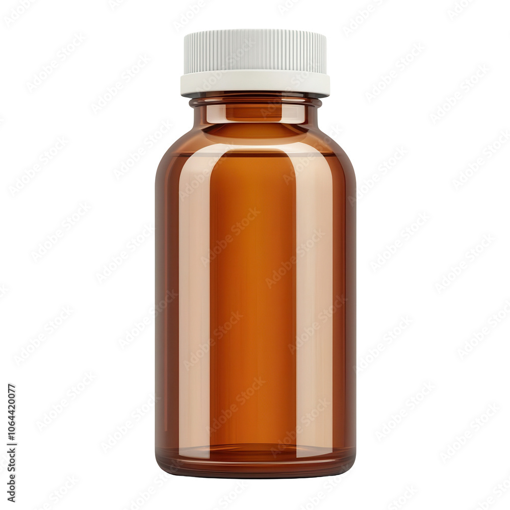Amber glass bottle with white screw cap, perfect for storing liquids or supplements, isolated on white background. transparent background Amber glass bottle with white screw cap, perfect for storing liquids or supplements, isolated on white background. transparent background