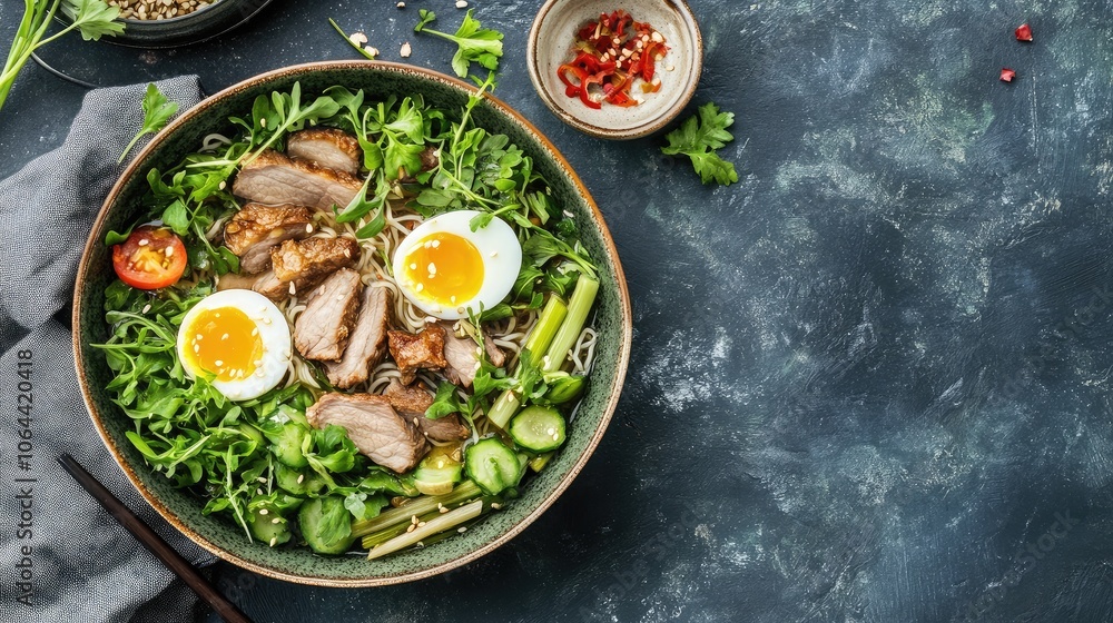 Fresh Bowl of Noodle Soup with Toppings and Herbs Fresh Bowl of Noodle Soup with Toppings and Herbs