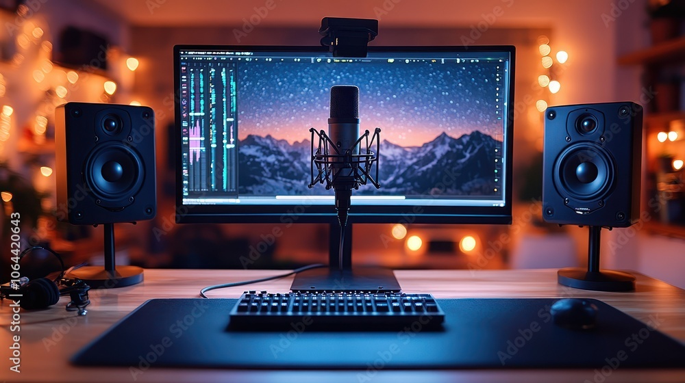 A professional podcast recording setup with a microphone, sound panels, and clean white surroundings. A professional podcast recording setup with a microphone, sound panels, and clean white surroundings.