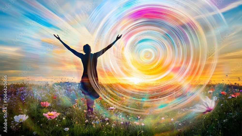 A silhouetted figure stands in a vibrant field, arms raised towards a swirling, colorful sunset, embodying joy and connection with nature. A silhouetted figure stands in a vibrant field, arms raised towards a swirling, colorful sunset, embodying joy and connection with nature.
