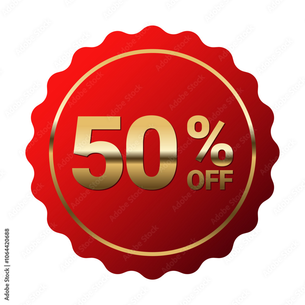 50% off sticker label, Red Serrated Circle badge Decoration vector isolated ,for advertising discount product ,Golden Text vector design shiny for packaging design element or shopping website 50% off sticker label, Red Serrated Circle badge Decoration vector isolated ,for advertising discount product ,Golden Text vector design shiny for packaging design element or shopping website