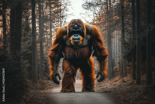 Photo of an orangutan merged with a forest exposure, symbolizing wildlife and conservation, with copy space. photo