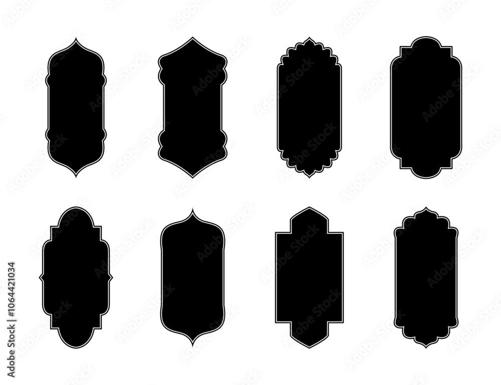 Islamic shape set blank template in black color vector illustration. Islamic Shape door, window silhouette Arabic arch. Oriental collection. Frames in Arabian Muslim design for Ramadan Kareem. Islamic shape set blank template in black color vector illustration. Islamic Shape door, window silhouette Arabic arch. Oriental collection. Frames in Arabian Muslim design for Ramadan Kareem.