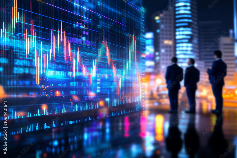 Obraz premium From behind three businessmen frustrated at the falling down stocks graph on the screen with copy space. Dim office lighting. Blur financial office background. 