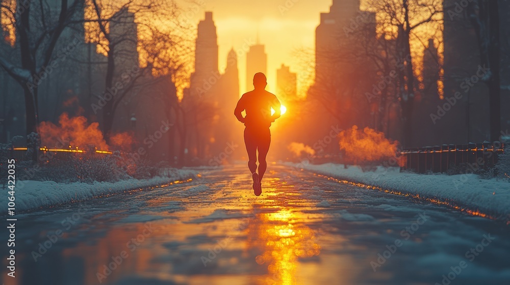 Fototapeta premium A runner sprinting through an empty city street at dawn