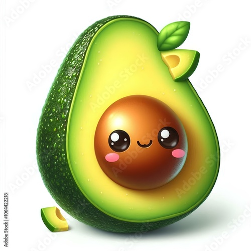 Adorable kawaii avocado with chubby and very cute shape, big bright eyes, sweet smile, white background for print, frame, stickers, etc, generative ai photo