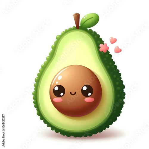 Adorable kawaii avocado with chubby and very cute shape, big bright eyes, sweet smile, white background for print, frame, stickers, etc, generative ai photo