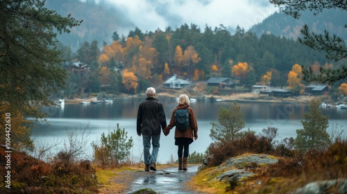 A senior couple walking briskly along a scenic trail.