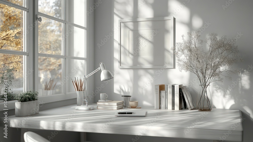A simple and clean home office with a bright desk lamp, books, and an all-white color scheme. A simple and clean home office with a bright desk lamp, books, and an all-white color scheme.