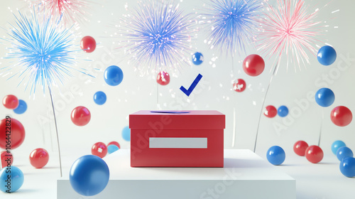 3D Cartoon Ballot Box with Patriotic Fireworks and Checkmark Symbol