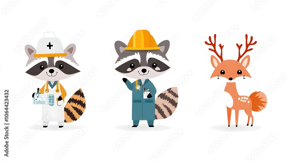 Whimsical featuring a raccoon construction worker a deer nurse and a fox scientist showcasing the diverse talents and professions of anthropomorphic animals in a playful and creative scene Whimsical featuring a raccoon construction worker a deer nurse and a fox scientist showcasing the diverse talents and professions of anthropomorphic animals in a playful and creative scene