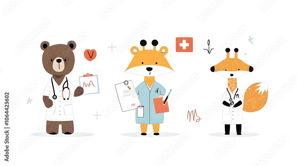 Whimsical Showcasing a Collection of Animal Characters in Professional Roles Including a Bear Doctor Giraffe Fox Nurse Set Against a White Background Whimsical Showcasing a Collection of Animal Characters in Professional Roles Including a Bear Doctor Giraffe Fox Nurse Set Against a White Background