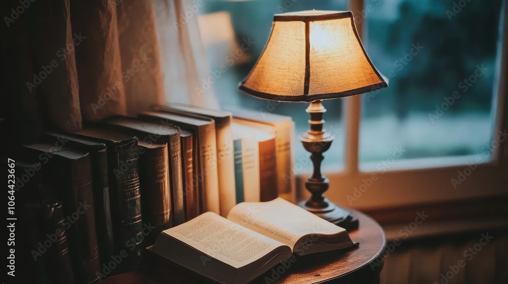 Cozy Reading Nook with Lighted Lamp and Open Book Cozy Reading Nook with Lighted Lamp and Open Book