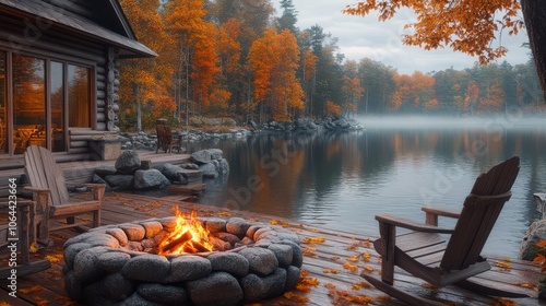 A tranquil autumn scene featuring a cozy cabin by a serene lake, with a warm campfire and vibrant fall foliage. photo