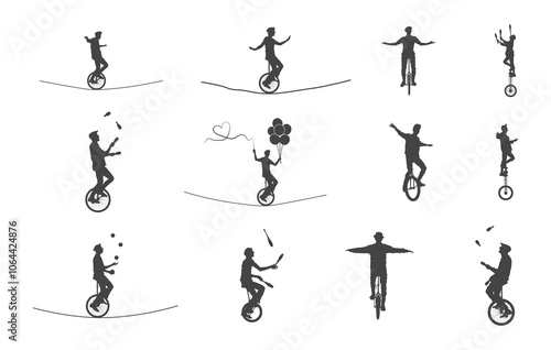 Person riding unicycle svg, People riding unicycle silhouette, Circus unicycle silhouette, Circus unicycle svg, Circus juggler artist silhouette.

