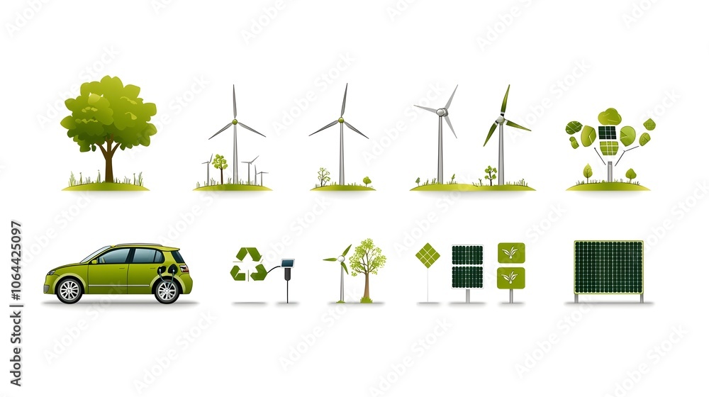 Collection of green energy icons and eco friendly technology symbols including electric cars windmills and solar panels on a clean white background representing sustainable renewable Collection of green energy icons and eco friendly technology symbols including electric cars windmills and solar panels on a clean white background representing sustainable renewable