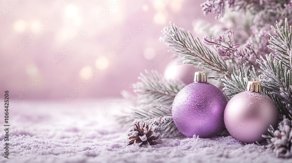 Lilac Christmas Ornaments on Snowy Pine Branch Lilac Christmas Ornaments on Snowy Pine Branch