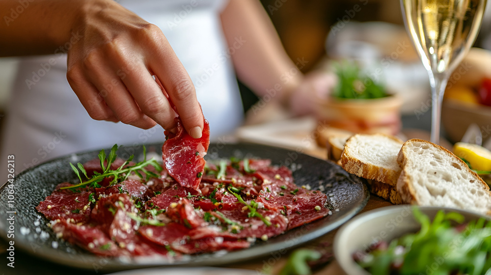 Beef carpaccio served with bread cut into small pieces and is placed next to the meat. The woman is reaching for the bread ,ai generative Beef carpaccio served with bread cut into small pieces and is placed next to the meat. The woman is reaching for the bread ,ai generative