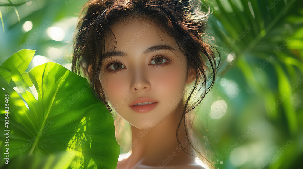 portrait of a woman face with leaf and natural lights portrait of a woman face with leaf and natural lights