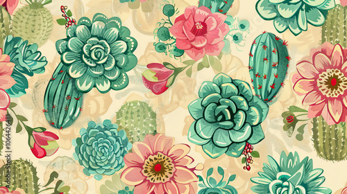 Obraz na płótnie Vibrant Desert Flower and Cactus Pattern w salonie