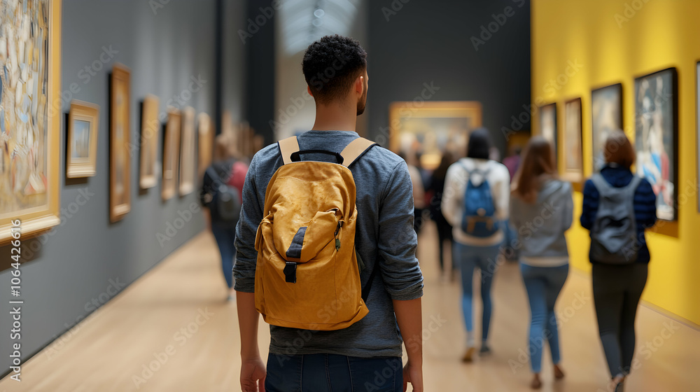 Tourist with a bright yellow backpack explores museum, admires renowned artist exhibits, and immerses in art, culture, and history Tourist with a bright yellow backpack explores museum, admires renowned artist exhibits, and immerses in art, culture, and history