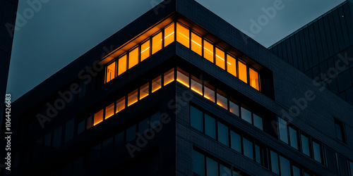 Warm interior lights casting a contrast against the dark exterior and twilight sky, illuminating the corner office windows of a modern building at dusk photo