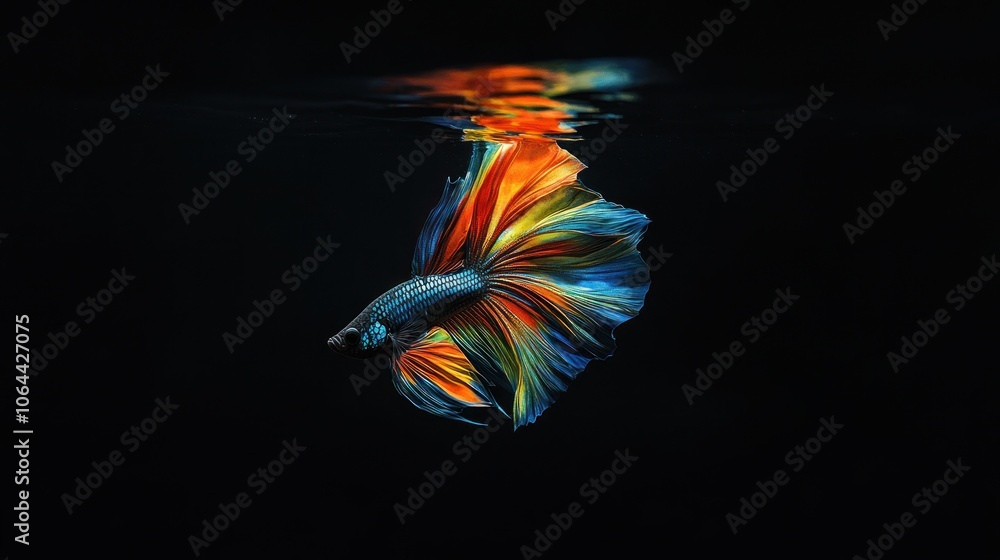 Siamese fighting fish with metallic rainbow fins, suspended in clear water, high contrast Siamese fighting fish with metallic rainbow fins, suspended in clear water, high contrast