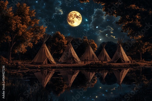 The traditional national dwelling of North American Wigwam Indians, typified by the background of an old wild beech forest at night, at dusk, illuminated by the golden light of a bonfire photo