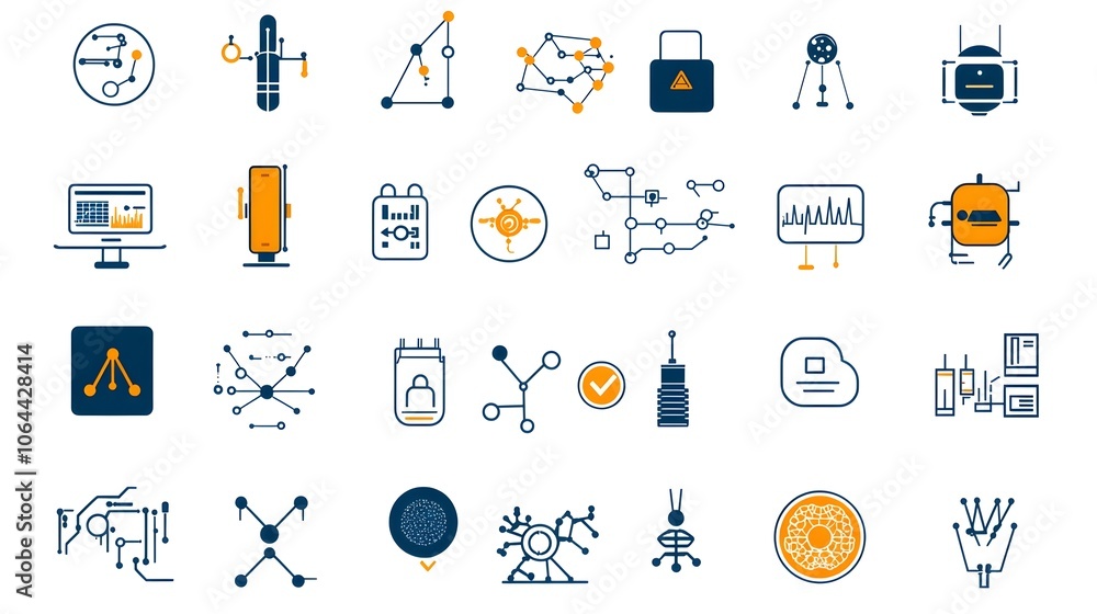 Naklejka premium Comprehensive Collection of AI Themed Icons Showcasing Machine Learning Algorithms Neural Networks and Robotics on a White Background