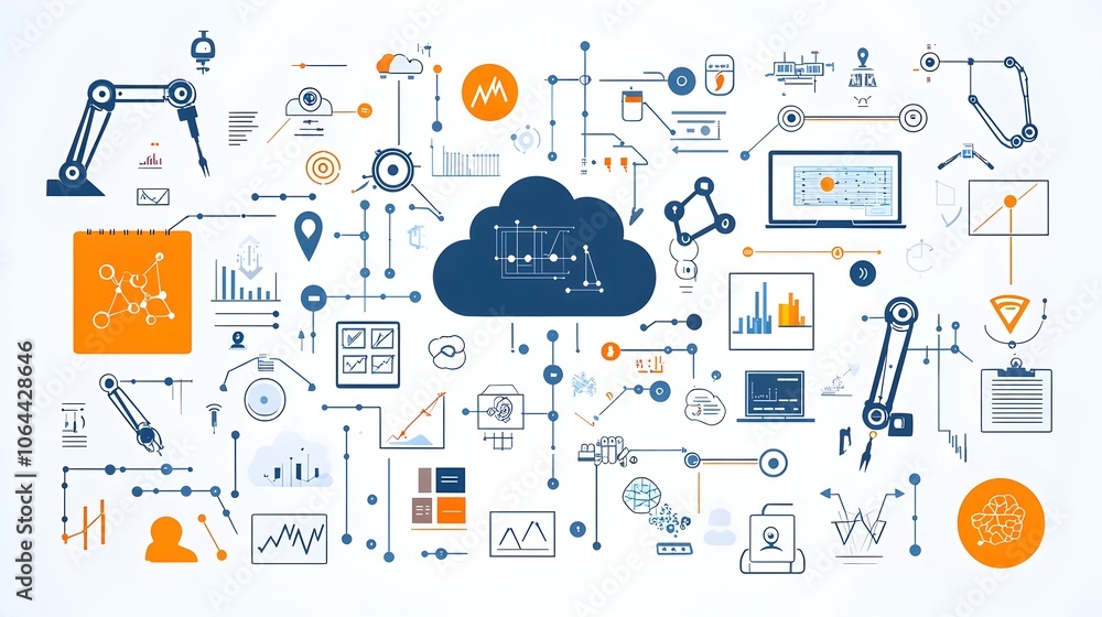 Intelligence Icons and Robotic Arms Cloud Computing Big Data Analysis on White Background Intelligence Icons and Robotic Arms Cloud Computing Big Data Analysis on White Background