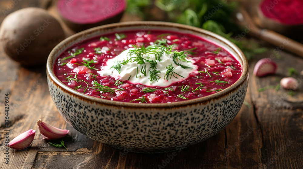 Russian borscht soup with beets, sour cream, and fresh dill, served in a ceramic bowl Russian borscht soup with beets, sour cream, and fresh dill, served in a ceramic bowl