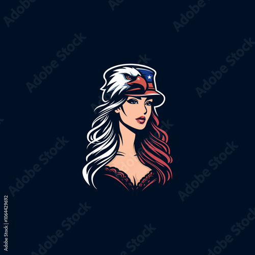 vector illustration of beautiful young woman with eagle hat and American flag